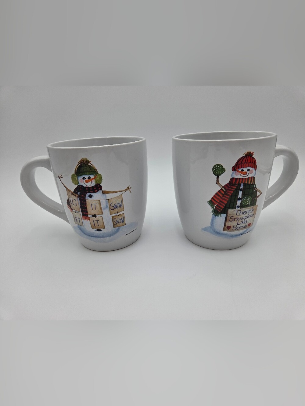 Anne Tavoletti White Snowman Ceramic Mug with Green and Red Accents Set Of 2